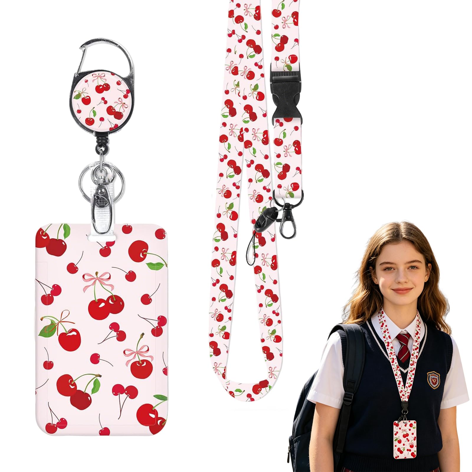 LEBKFT Sliding Badge Holders, Plastic Card Holder with Retractable Badge Reel Carabiner and Detachable Lanyard Vertical ID Protector for Office Worker Teacher Student Nurse (Cherry B)