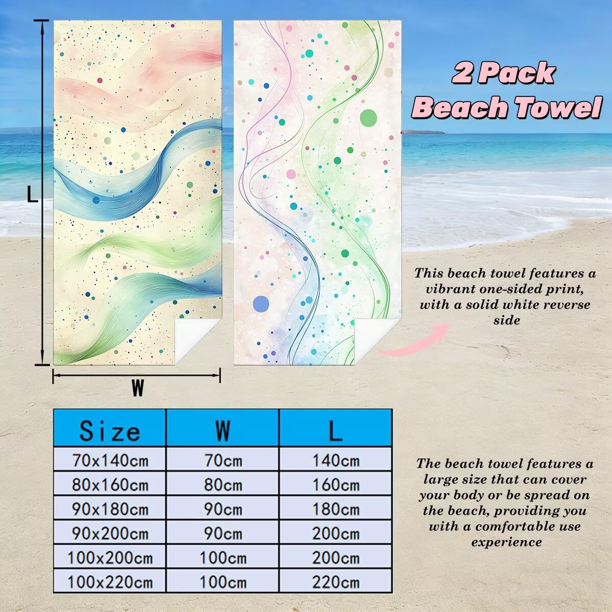 Ręcznik plażowy 90 x 180 cm, ręcznik gimnastyczny z mikrofibry szybkoschnący zestaw 2 ręczników plażowych, lekki kompaktowy ręcznik z mikrofibry duży do podróży, prezent dla mężczyzn i kobiet