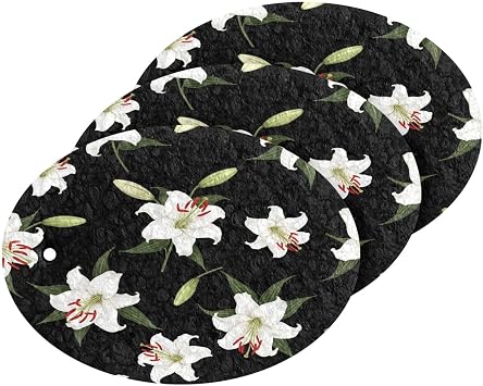 White Lilies on Black Dish Scrub Sponges Kitchen Non Scratch Reusable Compressed Cellulose Sponge Hanging for Household Cleaning Washing Dishes Pots and Pans 3 Pack