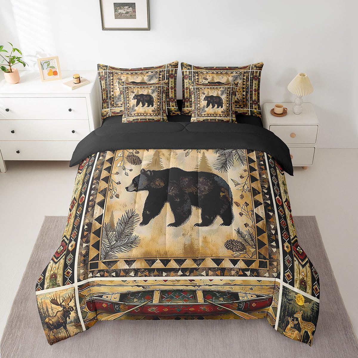 Feelyou Boys Girls Bear Bed in a Set Queen Size, Rustic Cabin Bears Bed in a Bag 7 Pieces Aztec Comforter Set with Sheets Kids Countryside Teens Bedroom Decor 7Pcs