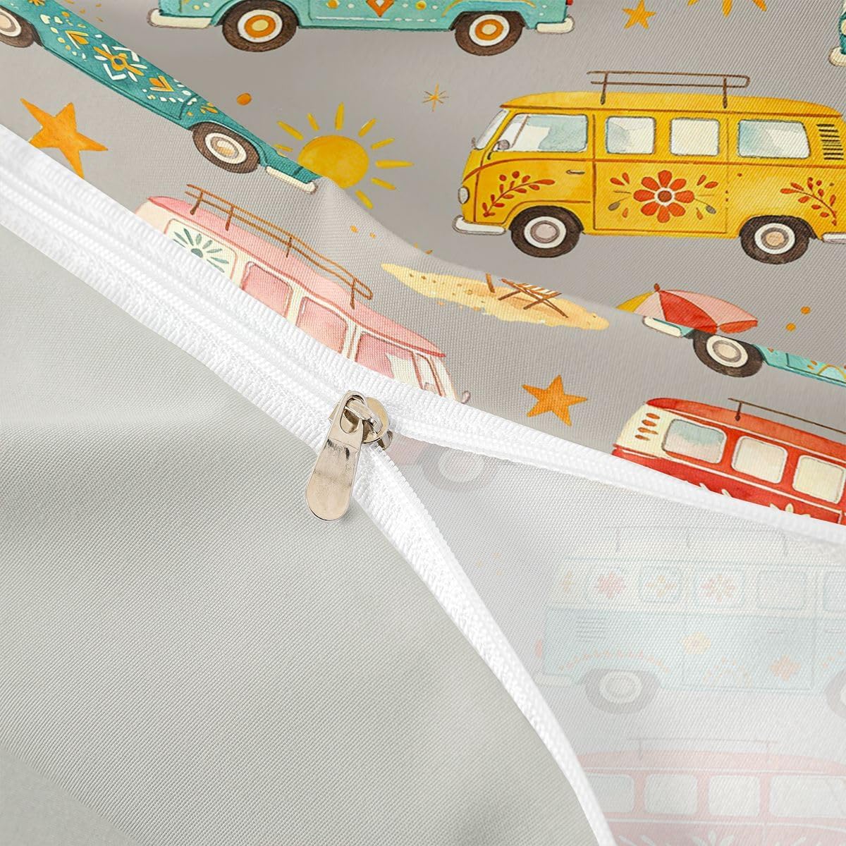 Erosebridal Summer Camping Toddler Comforter Cover Retro Camper Van Bedding Set Watercolor Camping Adventure Duvet Cover for Kids Girls Boys Adults Colorful Buses Bed Set