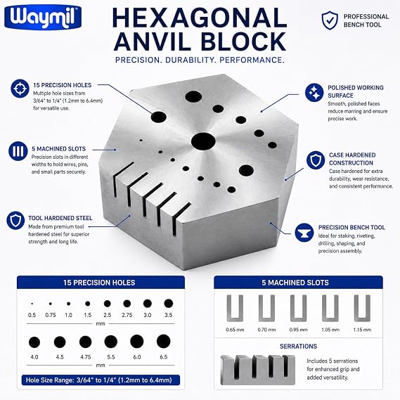 Hexagonal Jewelry & Watchmaker Anvil Block Hardened Steel Staking Riveting Drilling Bench Block with 15 Holes and 5 Slots for Jewelry Repair Metalworking Watchmaking Tools