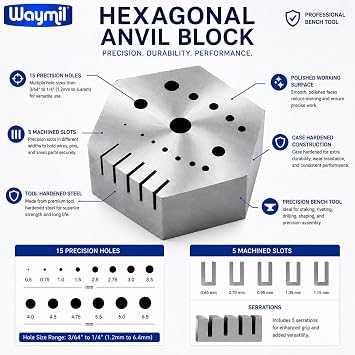 Hexagonal Jewelry & Watchmaker Anvil Block Hardened Steel Staking Riveting Drilling Bench Block with 15 Holes and 5 Slots for Jewelry Repair Metalworking Watchmaking Tools