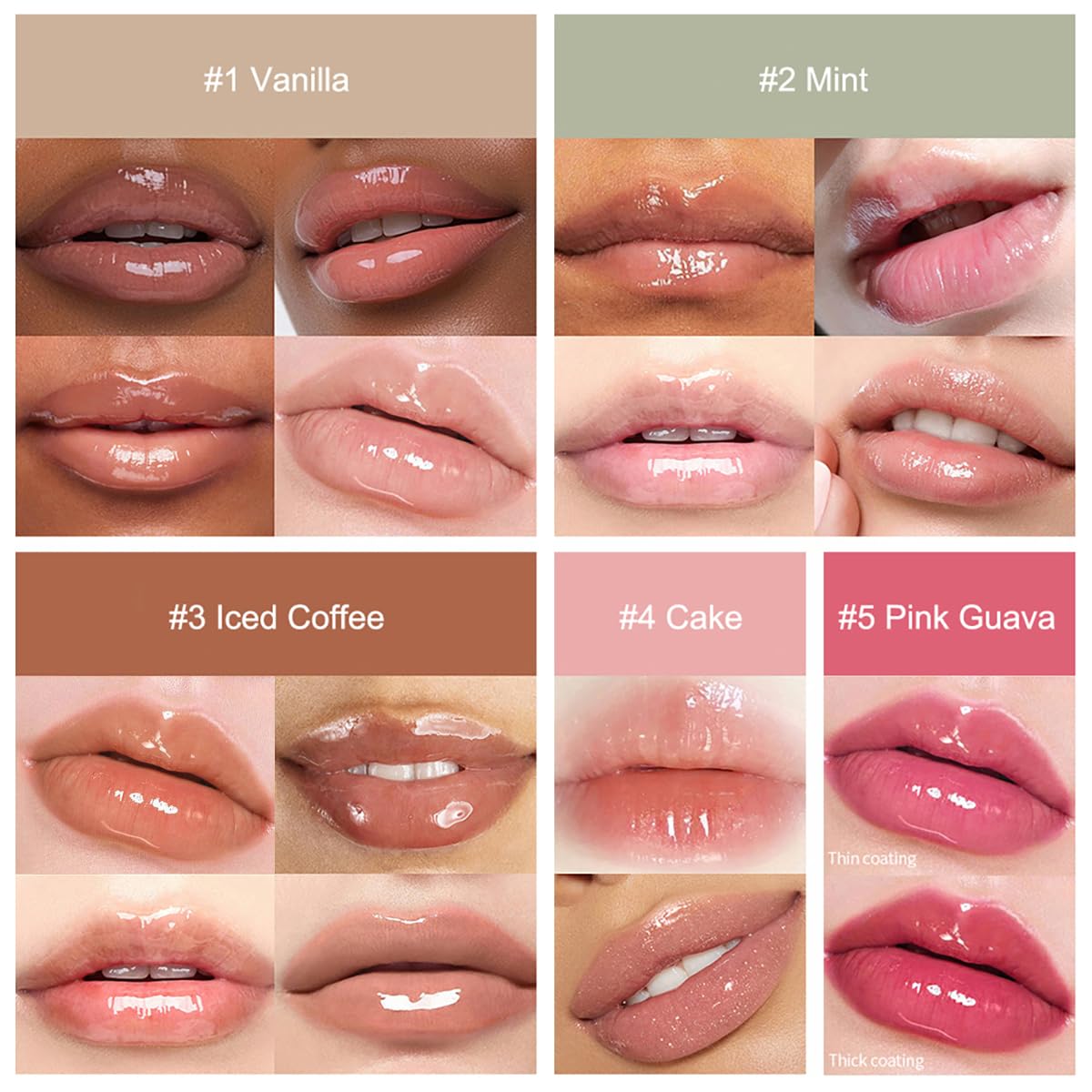 5-Color Lip Balm Butter Set-With Shea Butter&Avocado Oil Natural Ingredients, Lightweight&Non-Sticky, Instant Hydration, 5 Shades (Vanilla/Mint/lced Coffee/Cake/Guava), Natural Scent Ideal for Gifting - Image 5