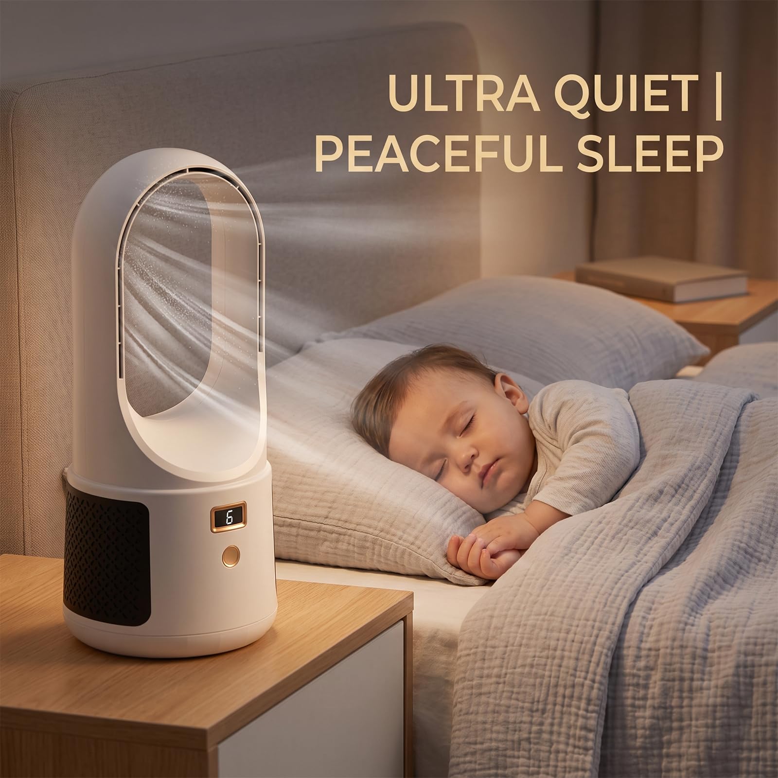 Ventilatore da tavolo senza pale - Ventilatore da scrivania silenzioso (bianco) | Display LED, 6 velocità, controllo touch, ventilatori senza pale per camera, ufficio, bambini e animali (bianco)