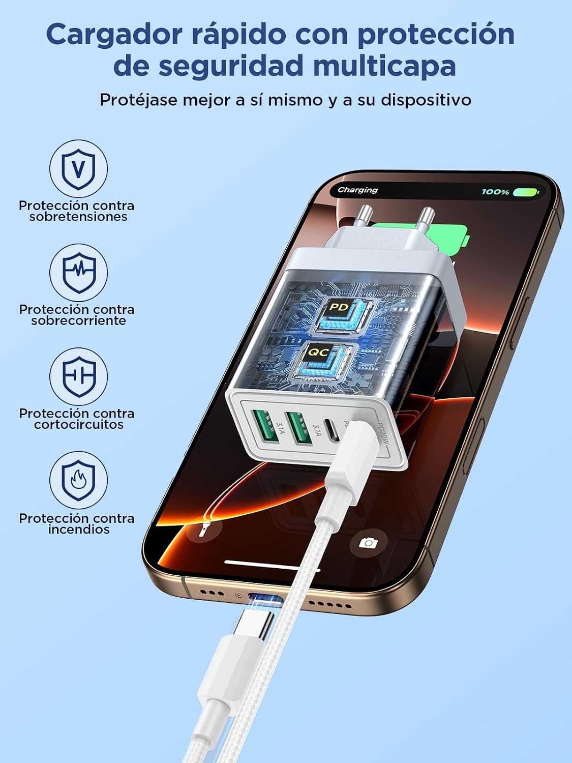 Aioneus Cargador USB C 40W, Cargador iPhone Carga Rapida con Múltiple Enchufe USBC y Cable USB C de 2M 60W Adaptador Tipo C Carregador para iPhone 17 16 15 14 13 12 11 Pro MAX Plus, iPad, Samsung 6