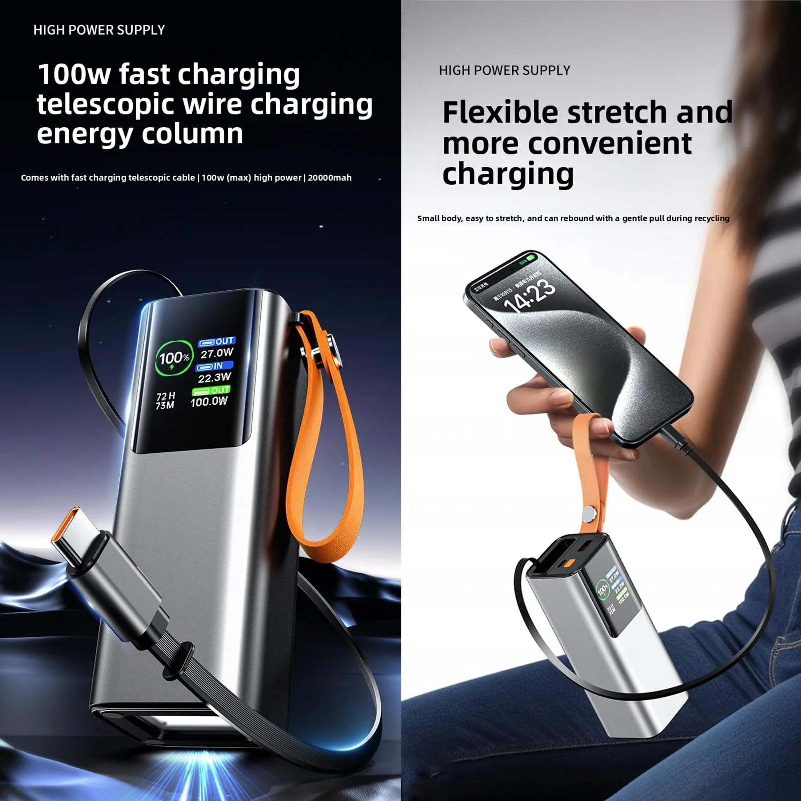 Batería externa de 20000 mAh para móvil, gris plateado