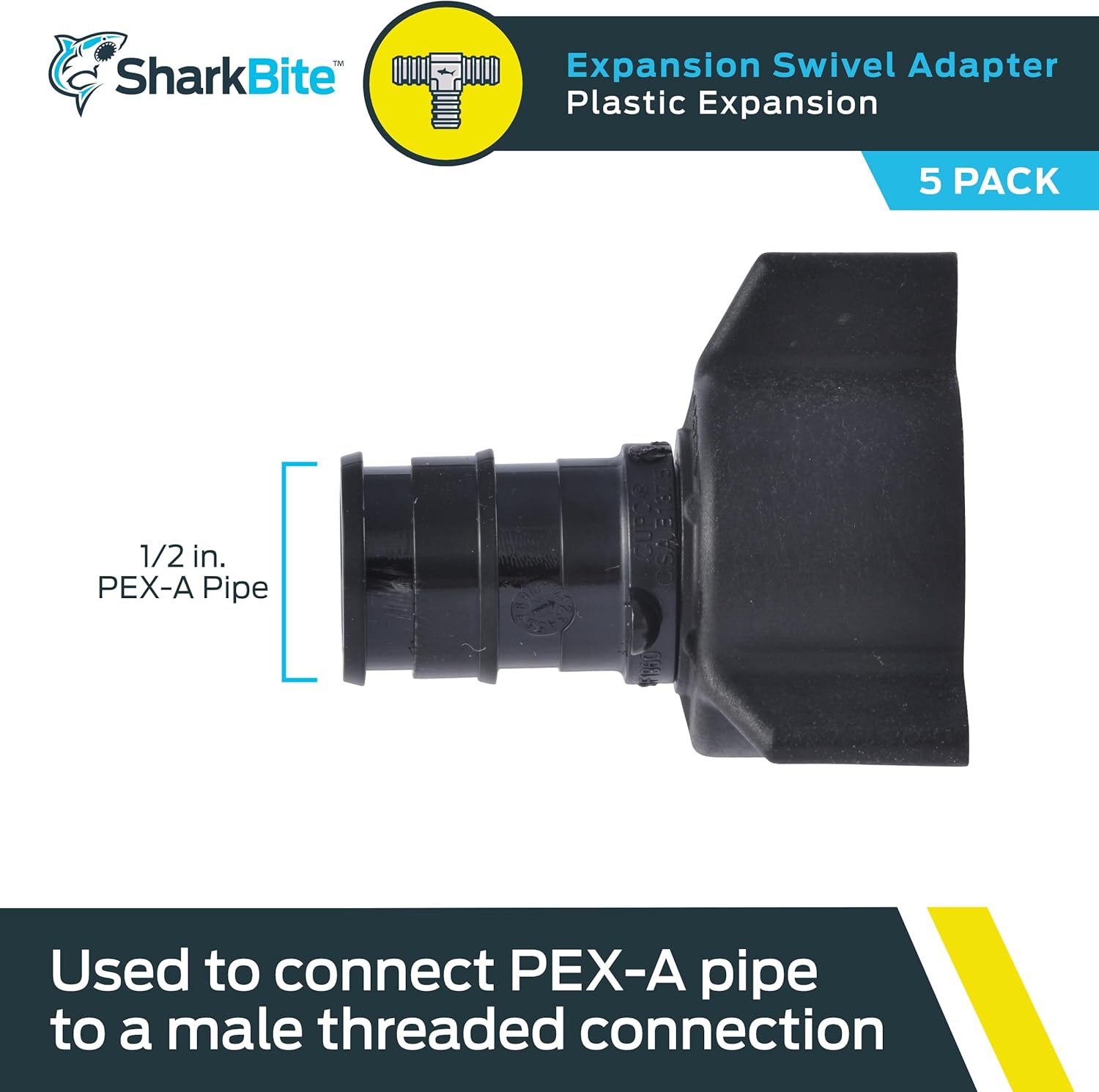 SharkBite 1/2 x 1/2 Inch NPSM Expansion FNPT Swivel Adapter for PEX-A Pipe, Pack of 5, Poly Plumbing Fittings, Female Adapter for PEX-A Tubing, UA526A7
