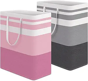 HomeHacks 2 Pack Large Laundry Baskets, Waterproof, Freestanding Laundry Hampers, Collapsible Clothes Hamper with Reinforced Handles in Laundry, College Dorm, Bathroom, Bedroom (Grey+Pink, 125Lx2)