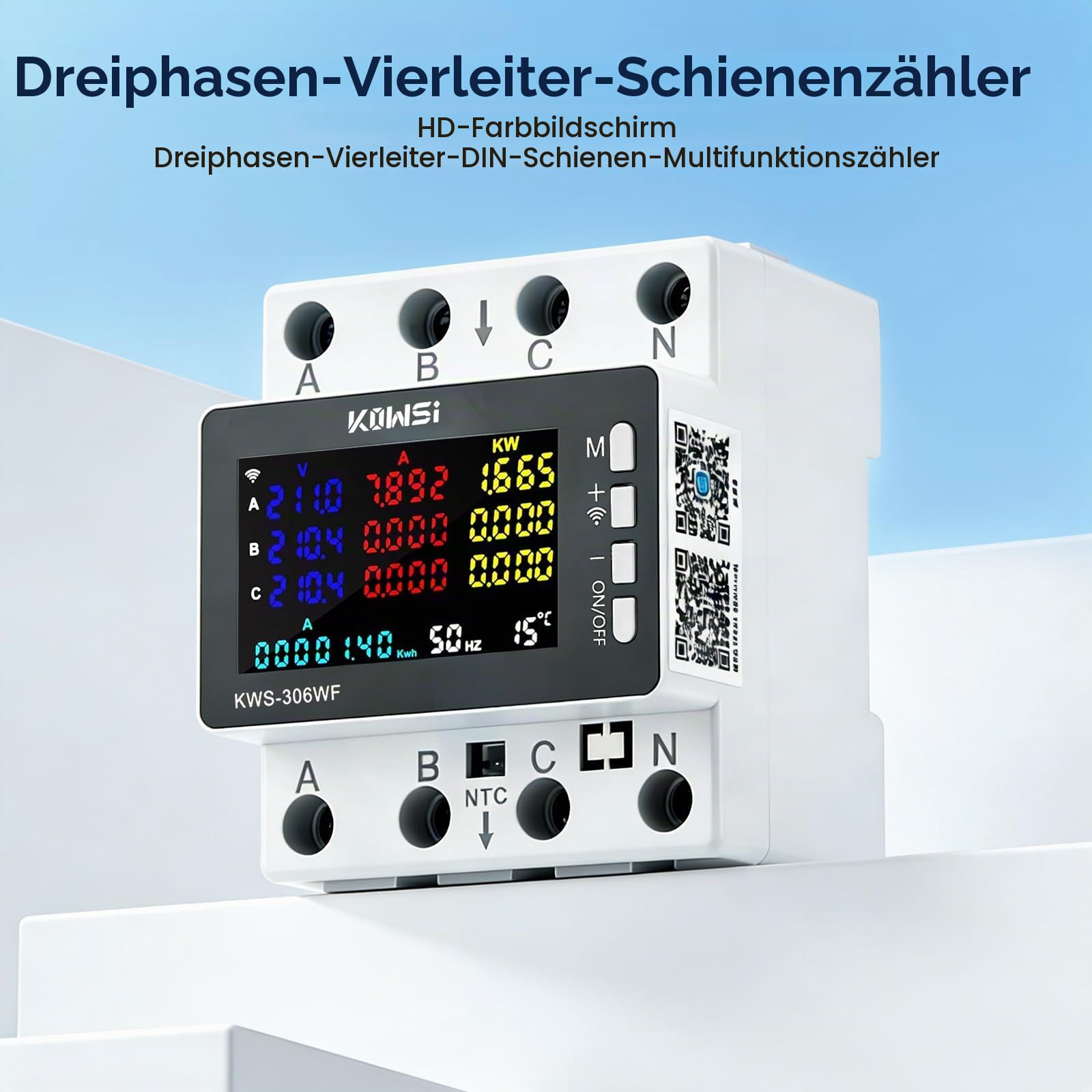 3-Phasen WiFi Stromzähler, 10-in-1 Smart Energy Monitor mit Tuya App, Digitaler kWh Zähler DIN Schiene, 85-290V AC 0-80A, Leistungsmessgerät, Volt Ampere Wattmeter für Haushalt & Industrie