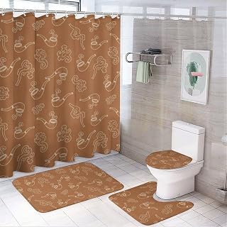 4PCS Shower Curtain with Bathroom Sets and Rugs Decor Smoking Pipe Pattern Shower Curtain Sets with Non-Slip Rug Toilet Lid Cover U-Shaped Mat with Hooks 72"x72"