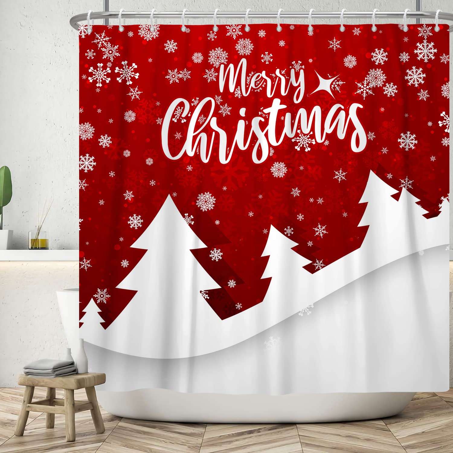 Bovlleetd 72x84inch Merry Christmas Shower Curtain Red Snowflake Background White Pine Tree Silhouette Shower Curtains Falling Snow Waterproof Bathtub Curtain Happy New Year Bathroom Curtain