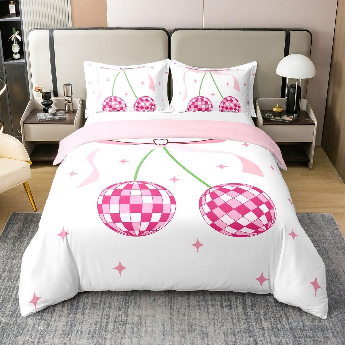 Erosebridal 100% Cotton Pink Bowknot Girls Comforter Cover Full,Girly Dreamy Glitter Sequins Print Bedding Set,Stylish Glamorous Romantic Quilt Cover,Reversible