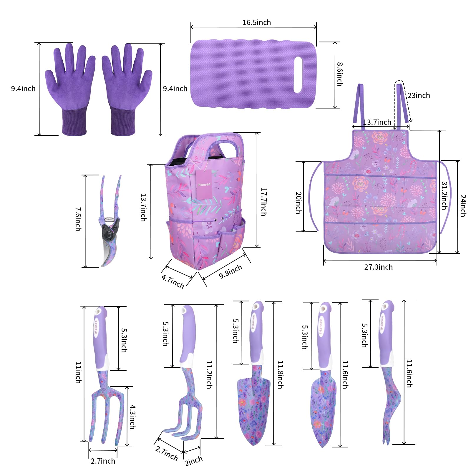 Juego de herramientas de jardín púrpura de 10 piezas, herramientas de mano de jardinería resistentes con mango ergonómico antideslizante, bolsa de herramientas de jardín con estampado de