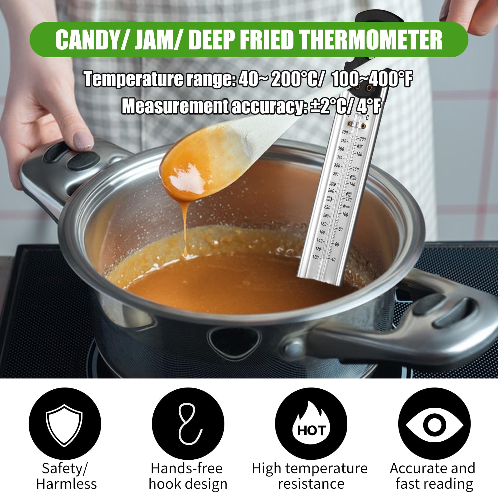 2 termometri per caramelle con clip per pentola, in acciaio inox, termometro da cucina a lettura istantanea con gancio per appenderlo, termometro per olio/caramelle/fritture/marmellata/zucchero