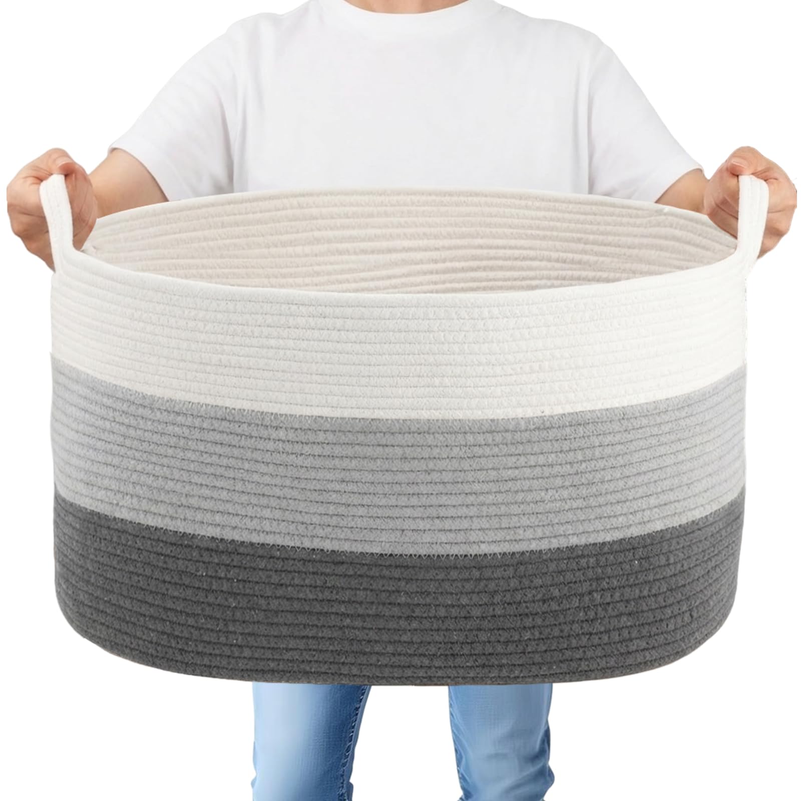 Dntorx 60L Large Laundry Baskets Storage Basket with Handles 55x38x30cm, Foldable Cotton Rope Woven Washing Basket Toy Storage for Bedroom Living Room Laundry Nursery Dorm Hotel, White & Grey Mixed