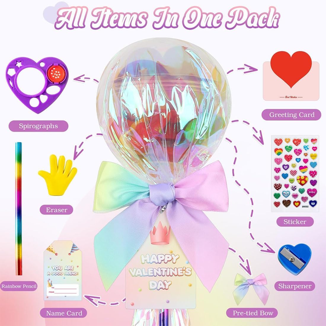 Lollipop Valentine Kit, 24 Pack Valentines Day Gifts with Cards, Rainbow Stationery Set Includes Bow Ball Pencil Sharpener Stamper Sticker, Valentine-s Gifts for Kids Classroom (1pcs)