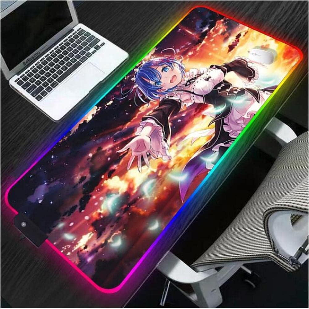 Mouse Pads Re Zero Rem Emilia RGB Mouse Mat LED Large Mouse Pad Keyboard Rubber Anime Gaming Mousepad Pc Desk Pad Keyboard XL(700X400Mm)