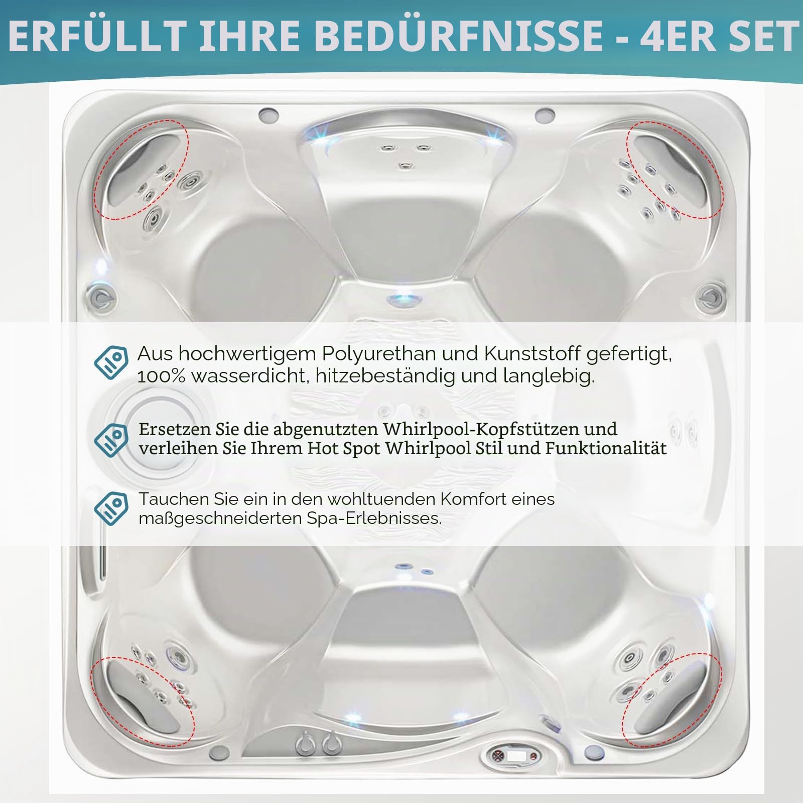 4 Stück 77444 Whirlpool-Kopfstützenkissen für Hot Spring Hot Spot Relais Rhythm SX Tempo TX 2015–2019 Spas Modell, Whirlpool Spa Nackenkissen für Watkins Ersatz