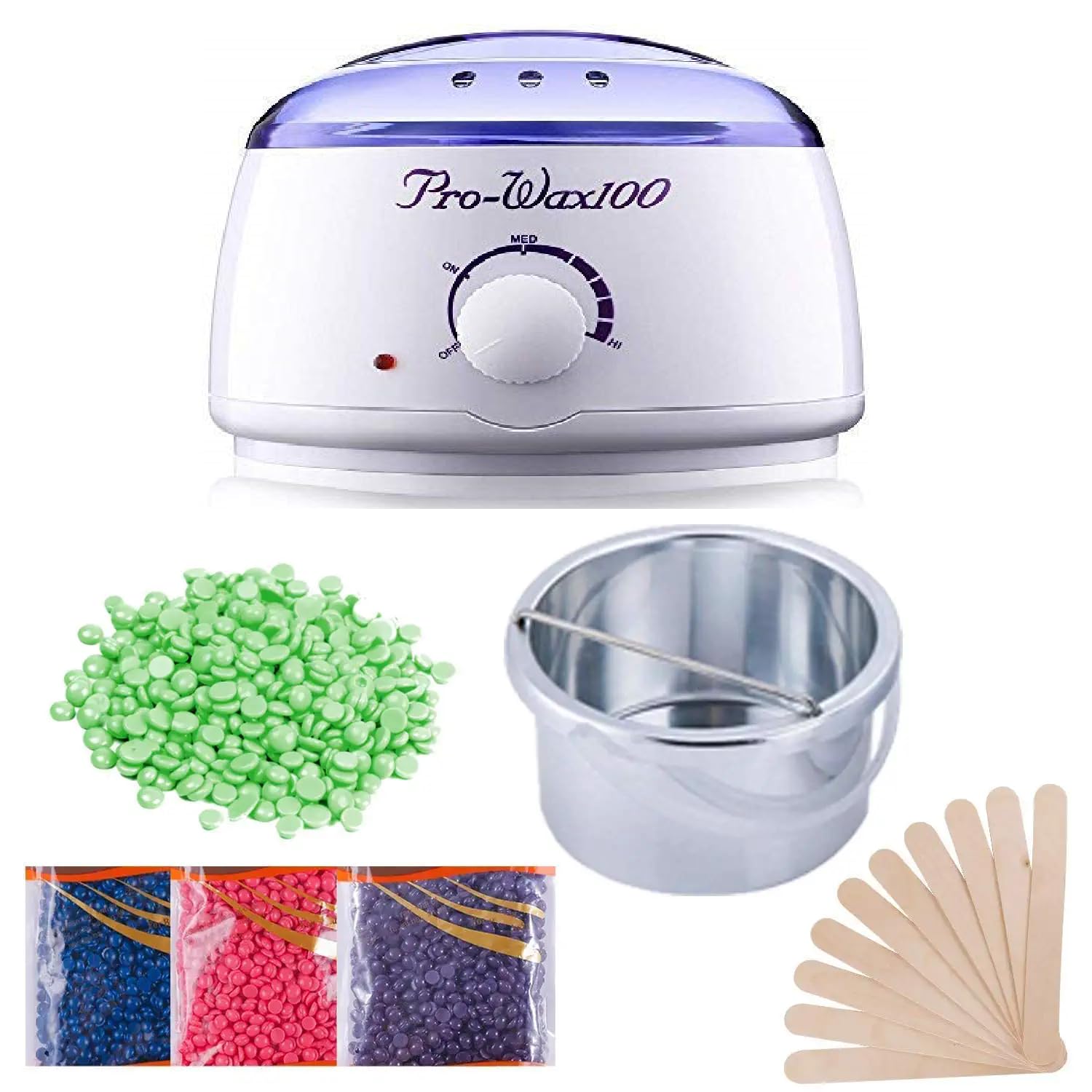 Wax Heater Machine Combo 100gm Brazilian Stripless Formula for Face & Body with Spatula, Ideal for Upper Lips, Chin, Cheeks, Hairline, Bikini & Legs, Automatic Heating (Wax Heater + 100 gm + Waxing Combo kit)