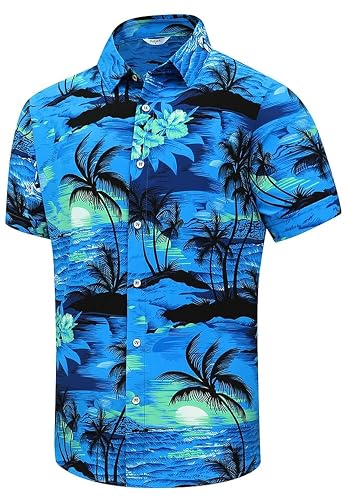 SheLucki Hawaiian Shirt for Men, Unisex Summer Beach Casual Short Sleeve Button Down Shirts, Printed Palmshadow Clothing