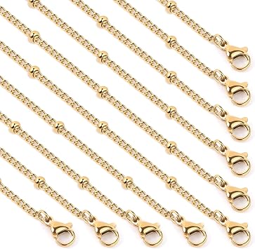 Cadikez 24PCS Gold Satellite Chain Necklace Bulk, 1.5mm 18inch 18K Gold PVD Plated Stainless Steel Finished Beaded Curb Link Chains for Necklace Jewelry Making