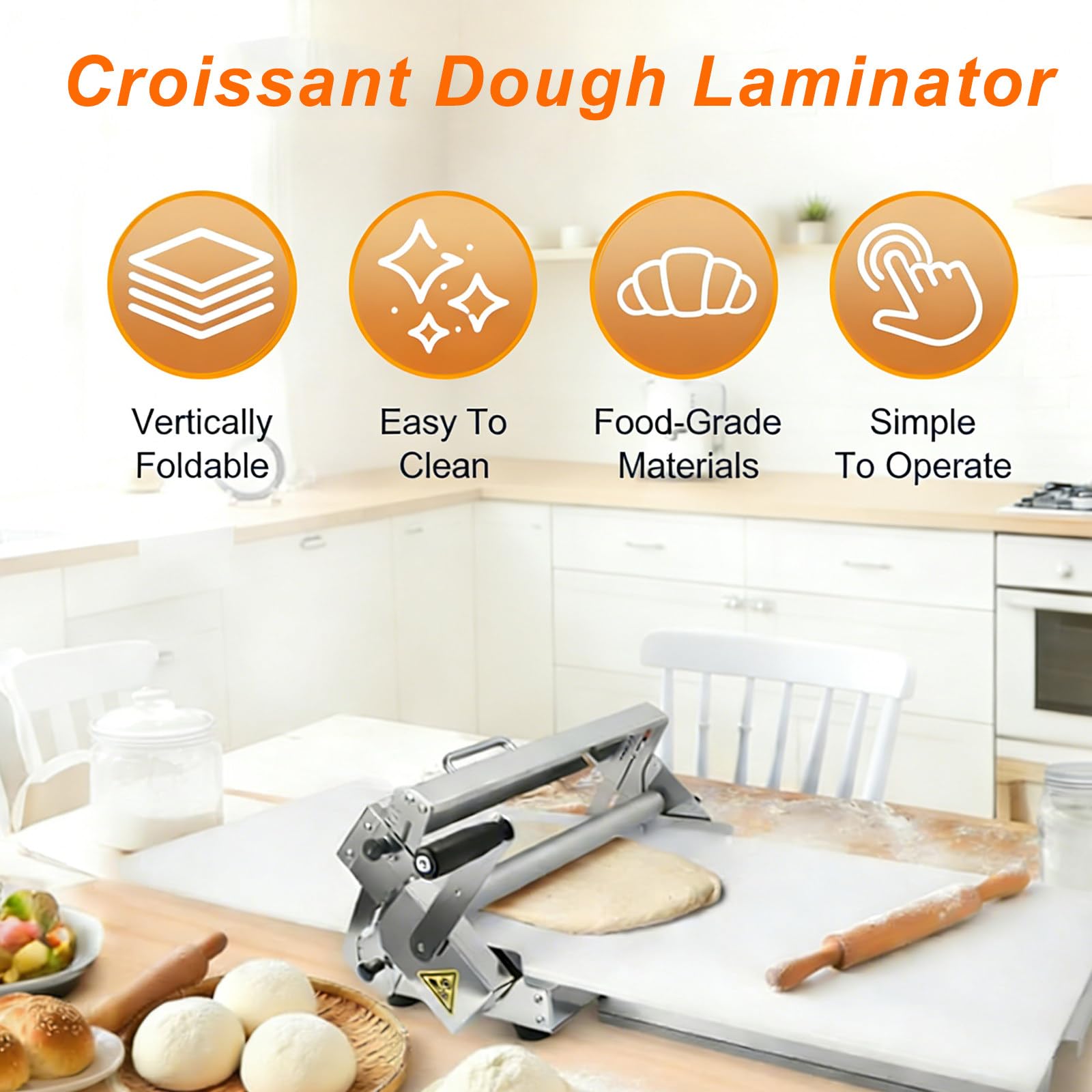 Máquina laminadora de Masa Manual, Rodillo Plegable de Acero Inoxidable con Grosor Ajustable, Prensa de Masa compacta para hojaldre, Masa de Pizza, Croissants y Productos de panadería 35×16"