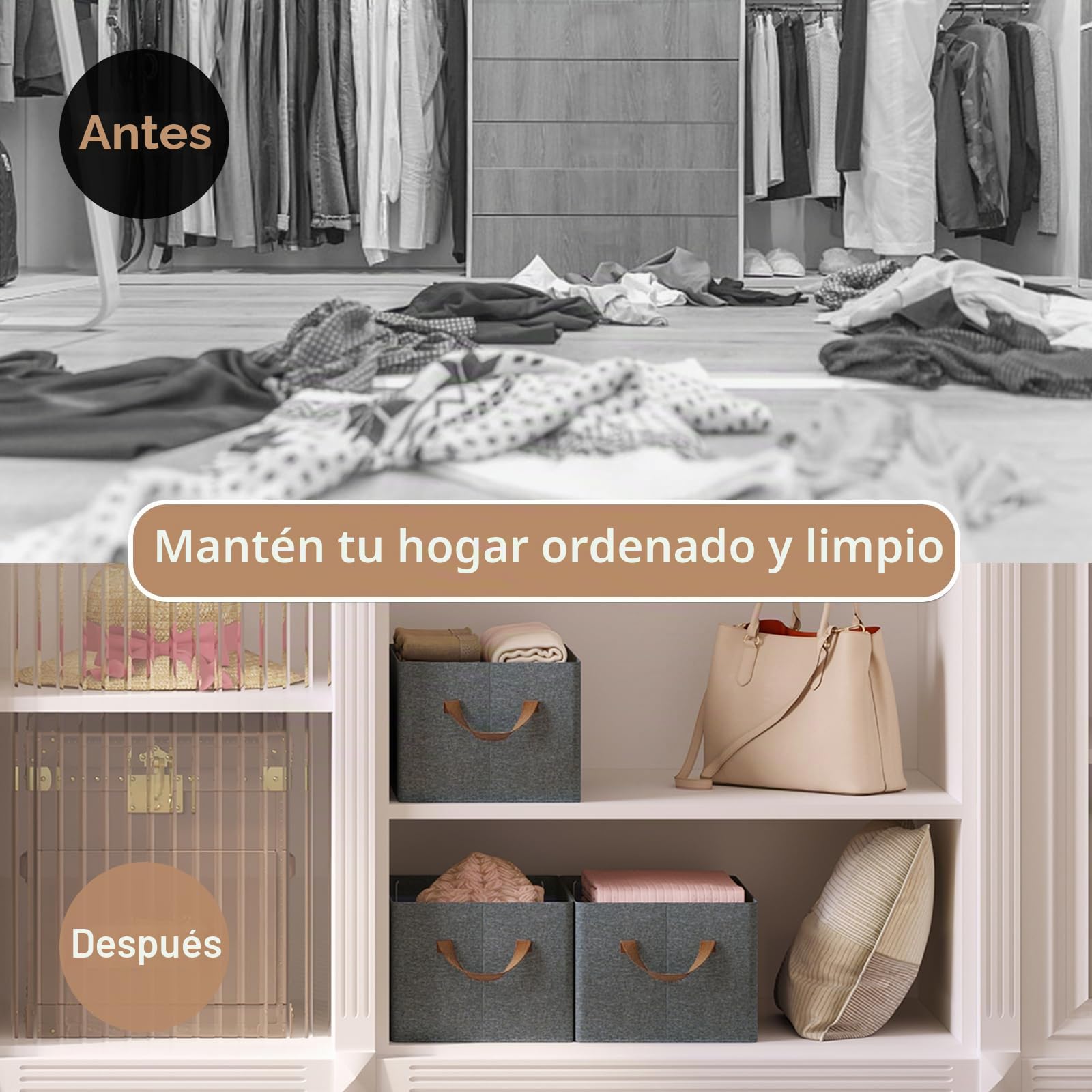 WOLTU Juego de 6 Cajas de Almacenamiento Plegables, Organizadoras de Tela con Asas, para Ropa y Juguetes en Armarios, Gris, 47x28x20cm