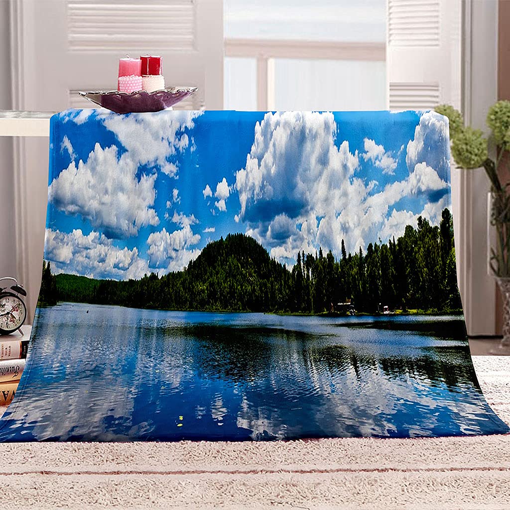 Manta De Franela De Microfibra 150X200Cm Manta De Felpa Suave Para Sofá Cama 3D Cielo Azul Y Nubes Blancas Con Vista Al Lago Impresión Patrón Manta Polar Invierno Gruesa Y Esponjosa Caliente Transp