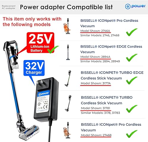 Miniatura 3 de T POWER Cargador de 32 V para Bissell ICONpet Pro 2746 27468 2746A Edge 2894 2894A Aspirador inalámbrico Stick 1620774 SIL SSC-320110US borrador de