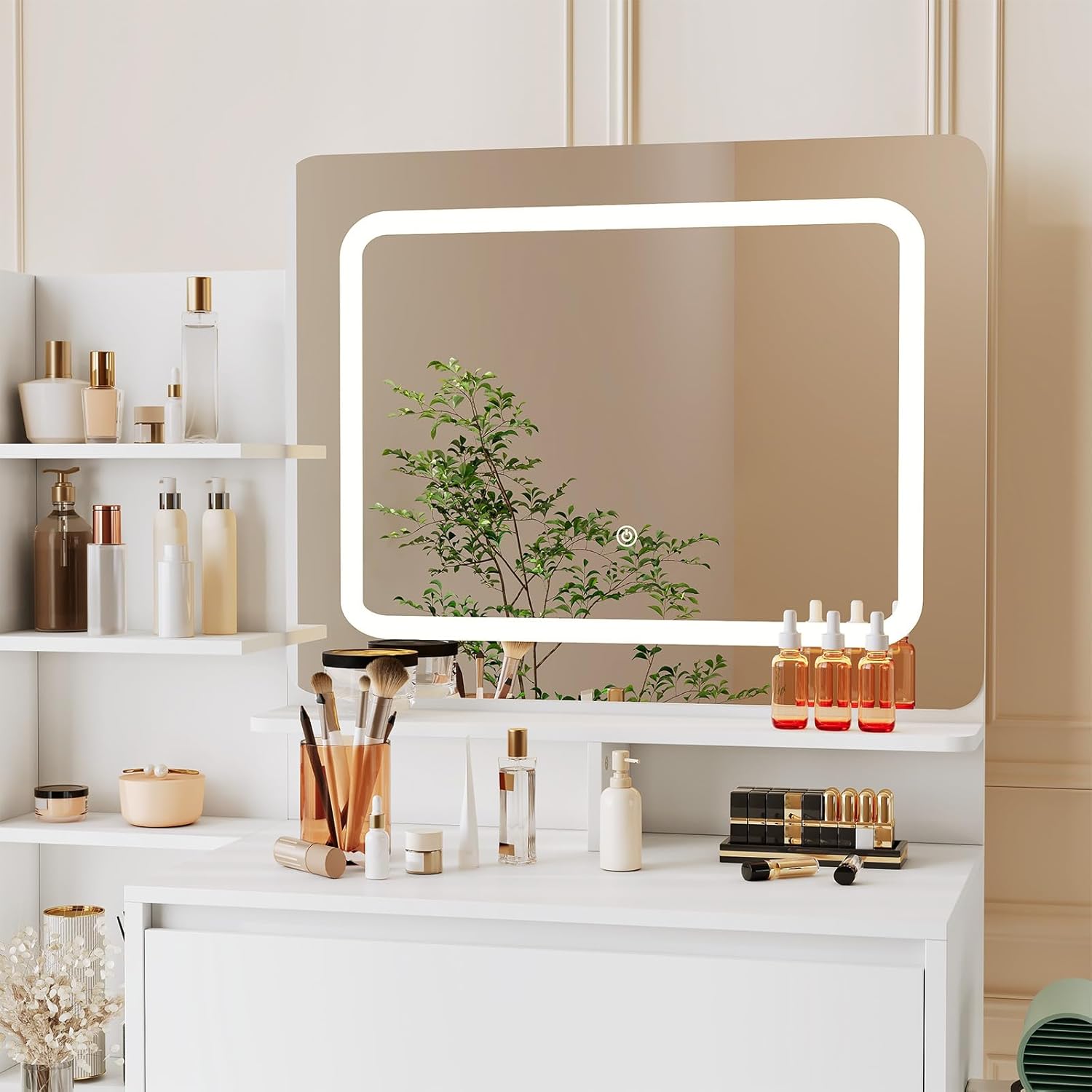 Vanity Set with Mirror and Adjustable Lights, Makeup Vanity Table with Built-in Charging Station, Vanity Desk with 4 Drawers, 4 Shelves, Vanity Bench for Bedroom-White