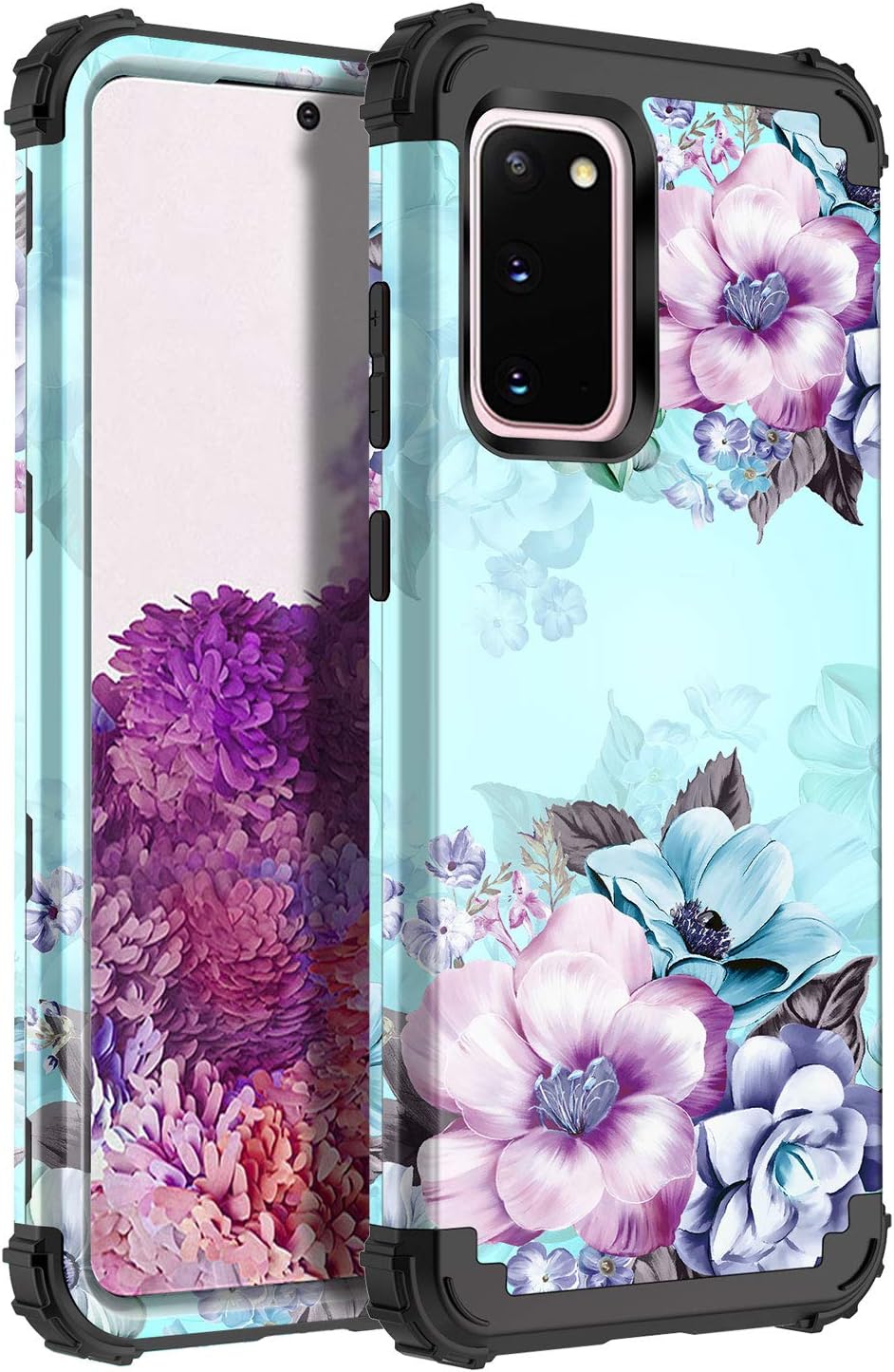 Casetego Compatible with Galaxy S20 Case,Floral Three Layer Heavy Duty Hybrid Sturdy Shockproof Full Body Protective Cover Case for Samsung Galaxy S20 6.2 inch,Blue Flower