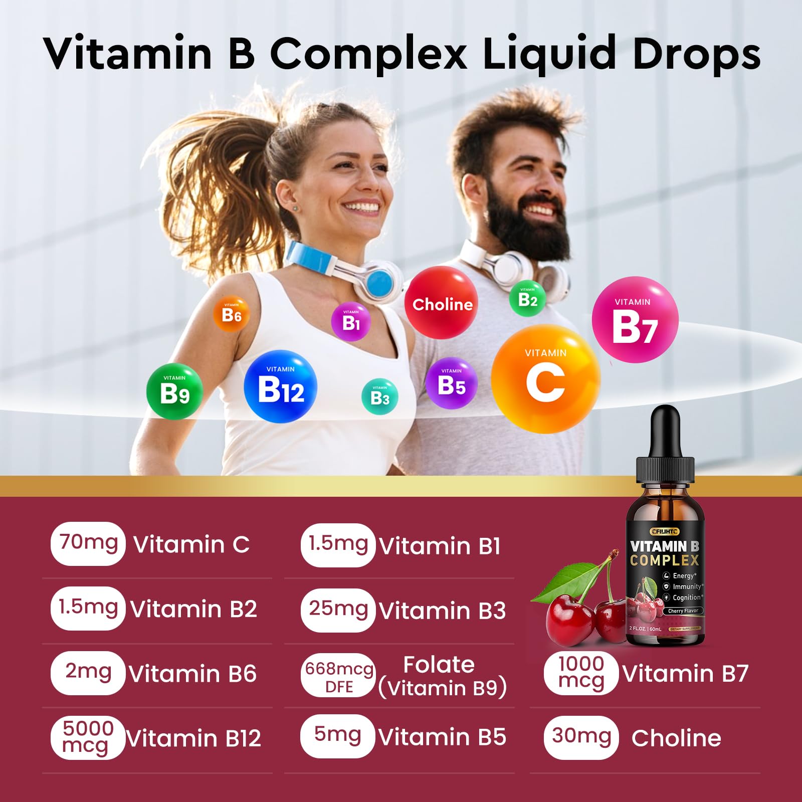 CFILIHTC Vitamin B Complex Liquid Drops, B Vitamins Complex Supplement with B1, B2, B3, B5 B6, B7, B9 & Methyl B12 Drops for Adults & Kids, Vegan, Cherry Flavor — Amazon image 4