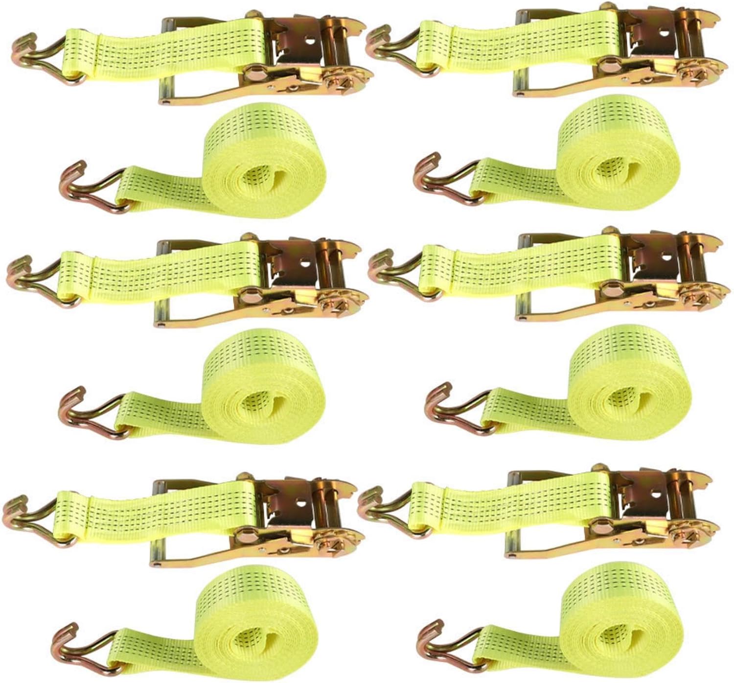 2Inch * 15Ft 5000 Pound Heavy Duty Ratchet, Hooked Ratchet Sling Tool, Yellow, with a Load Capacity of 2250Kg, 6PCS