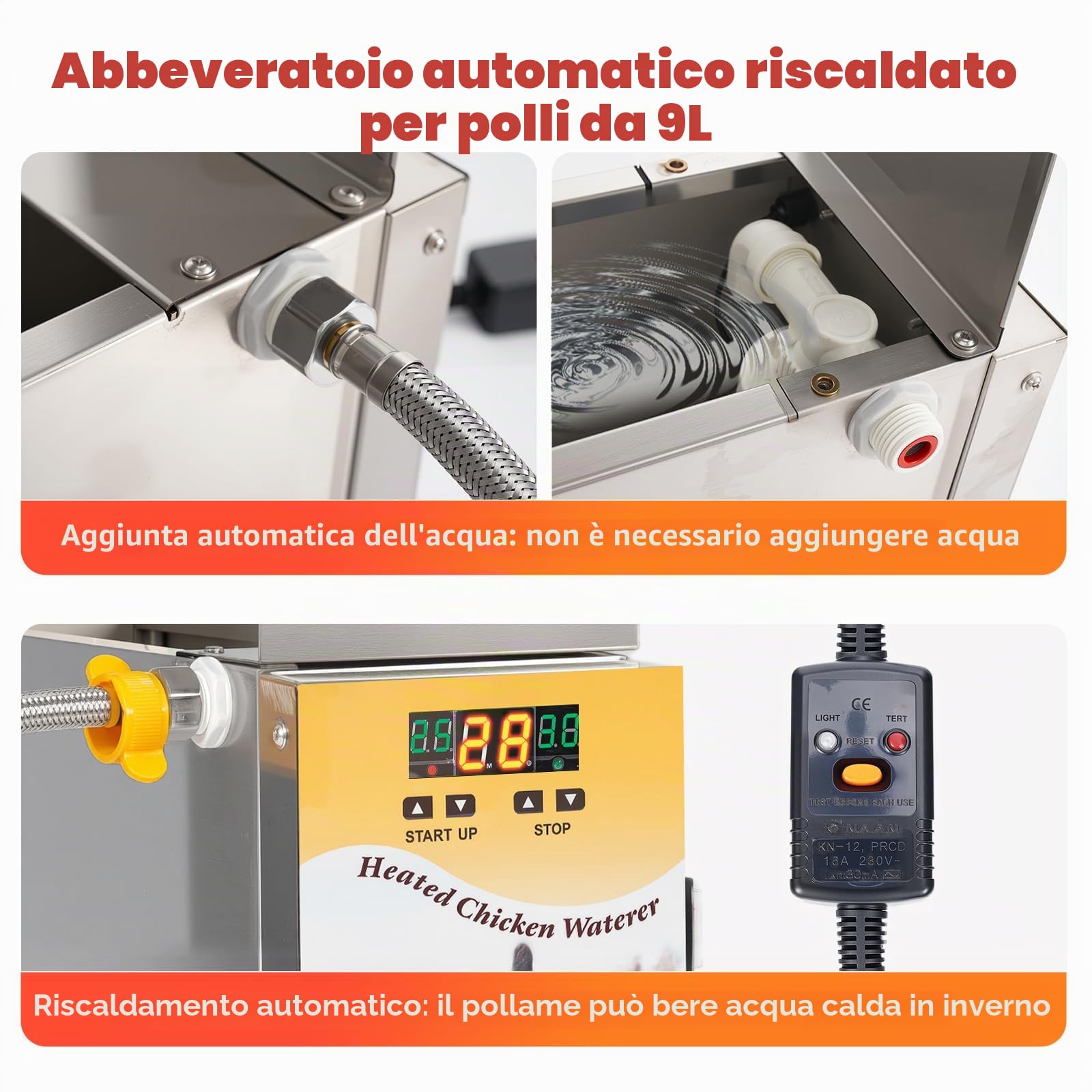 Abbeveratoio riscaldato per polli, in acciaio inossidabile da 9 litri, abbeveratoio per polli per l'inverno, abbeveratoio automatico per pollame, scaldino per abbeveratoi per anatre