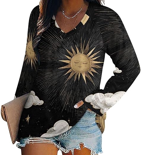 Celestial Sun Moon Stars Women's Tunic Tops Shirts V Neck Casual Long Sleeve Blouses Pullover