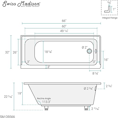 Miniatura 3 de Swiss Madison Well Made Forever SM-DB566 Voltaire - Bañera con alcoba, 66 x 32 pulgadas, blanco brillante