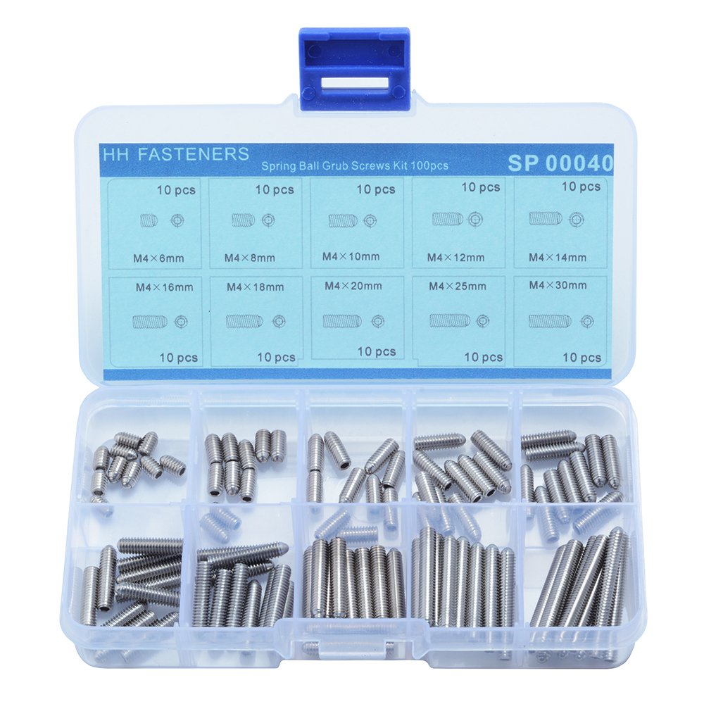 M4 Spring Hex Socket Ball Point Grub Set Screws Stainless Steel Assortment Kit,10 Size (100 Piece)