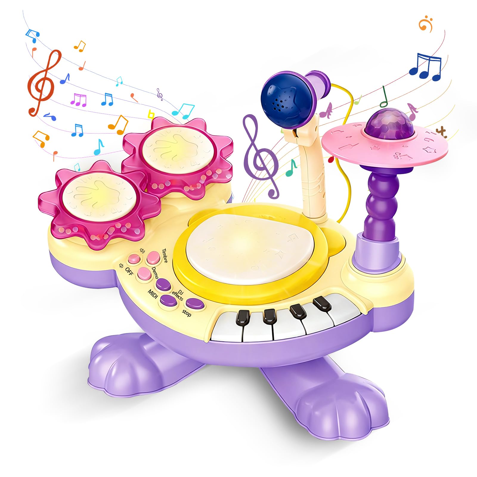 Batteria Bambini 3 Anni, Tamburo con Battito di Mani con Musica, Luci, Microfono e Tasti di Pianoforte, Educazione Precoce Batteria Strumenti Musicali Bambini Giocattolo Natale Regalo (Viola)
