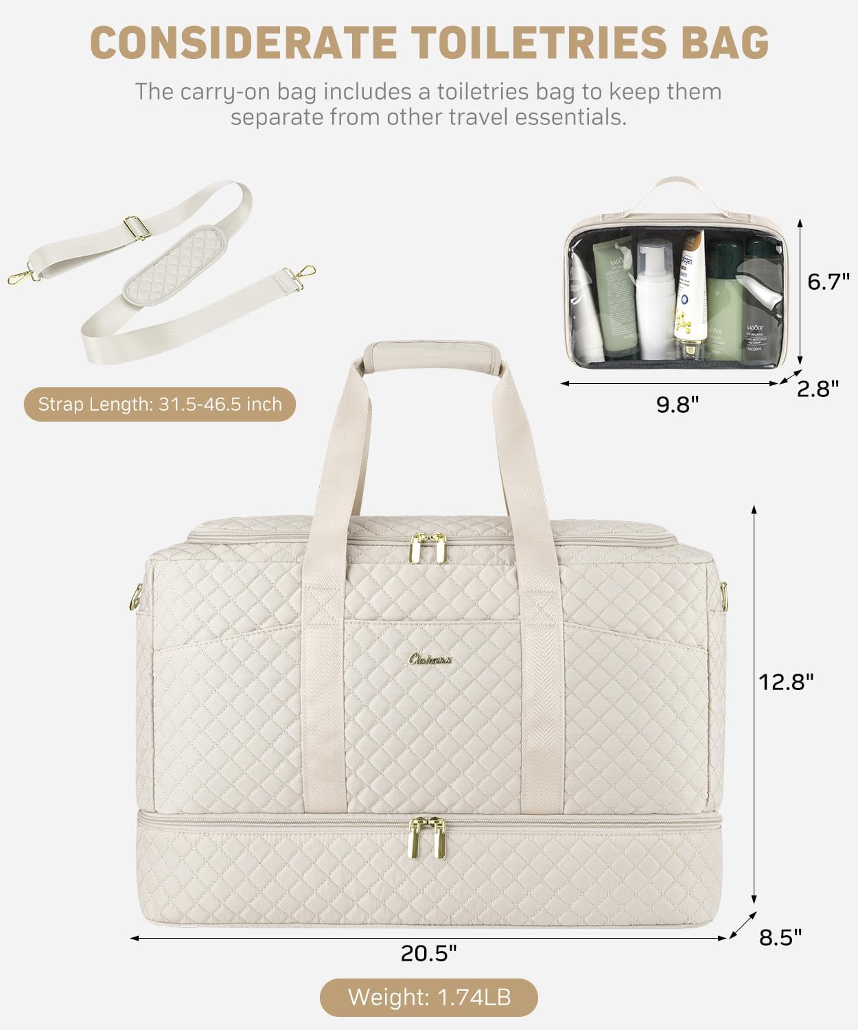 Duffle Bag for Travel, Weekender Bag with Shoe Compartment, Carry On Overnight Bag for Women with Toiletry Bag Duffel Bags with Wet Pocket for Gym Hospital Bags for Labor and Delivery Beige - Image 4