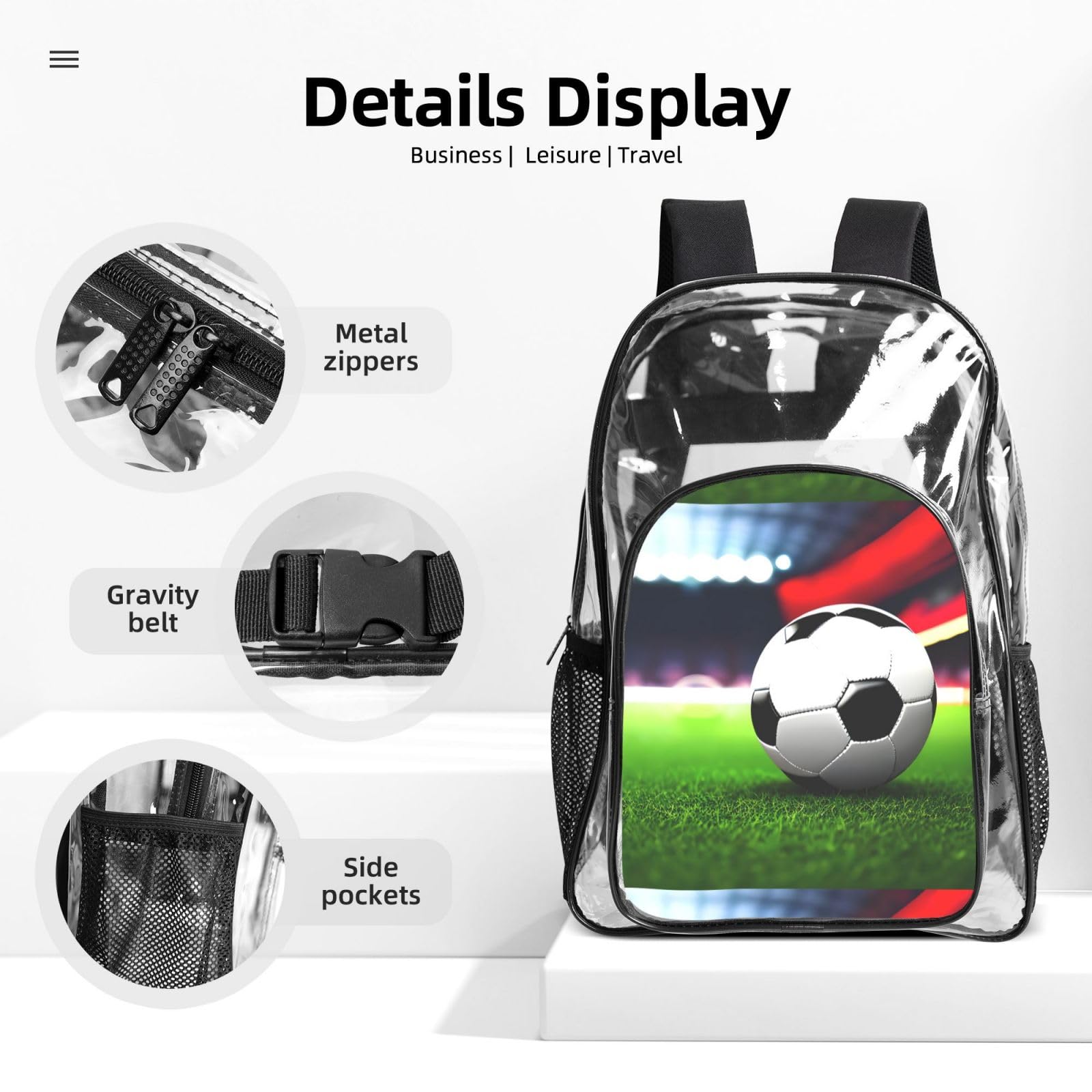 Juego de bolsas transparentes de 3 piezas con estampado de balón deportivo de fútbol para niños, bolsa transparente con bolsa de almuerzo aislada incluida