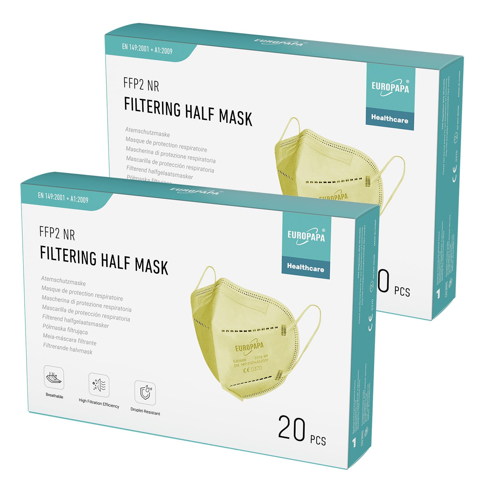 EUROPAPA® 40x FFP2 Masken Atemschutzmaske 5-Lagen Staubschutzmasken hygienisch einzelverpackt Stelle zertifiziert EN149:2001+A1:2009 Mundschutzmaske EU2016/425 (Gelb)