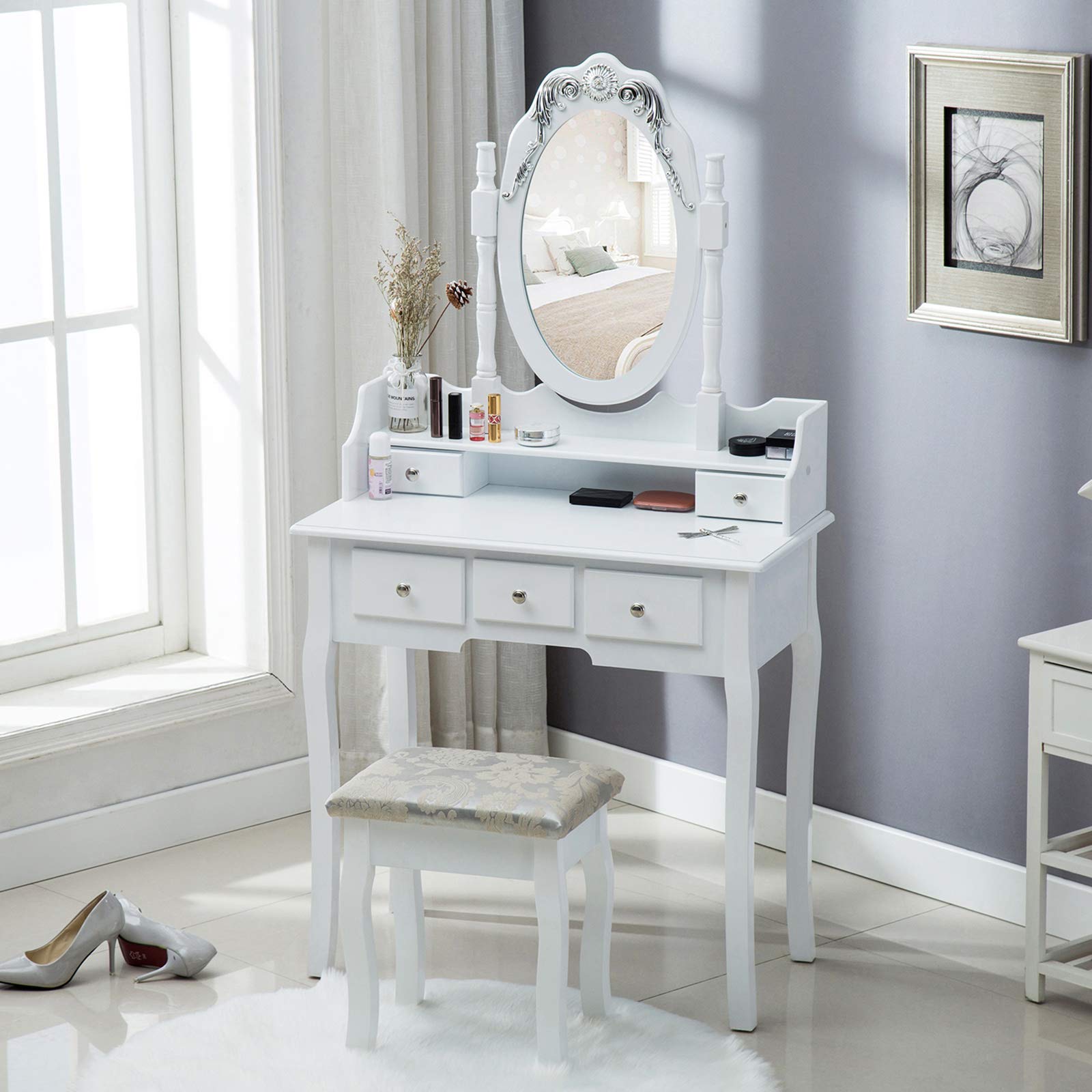 FitnessClub Shabby Chic White Dressing Table With Oval Mirror 5 Storage Drawers Removable Mirror Holder With Stool Makeup Desk Set