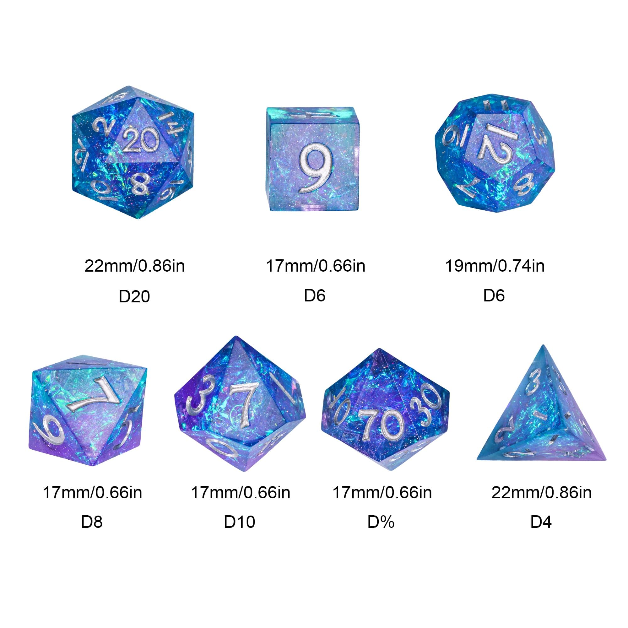 Lot de 7 dés DND, faits à la main à bords tranchants (violet et