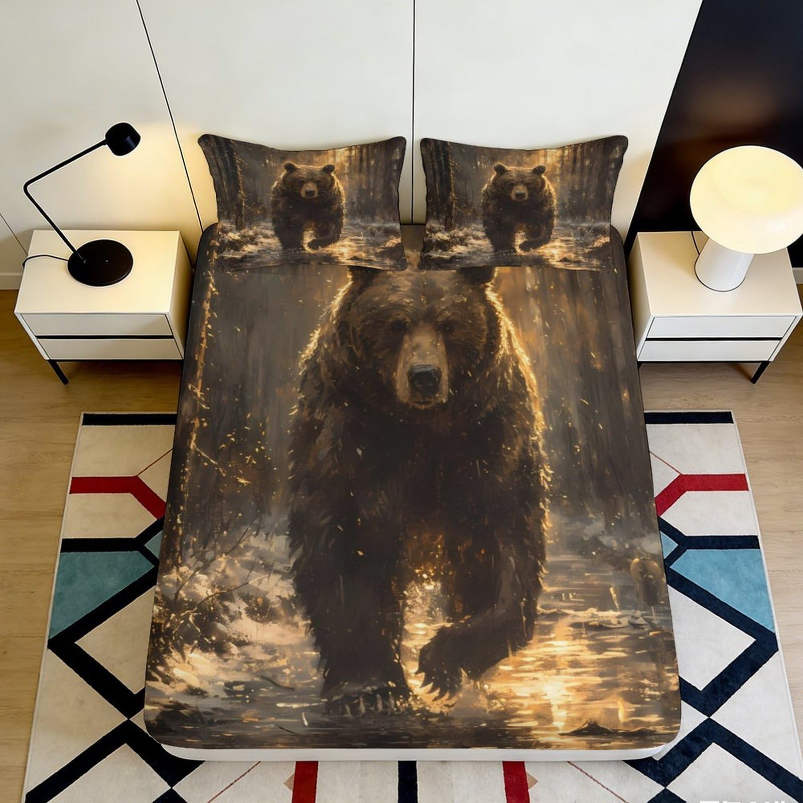 Jqzkxnhpbr Style-7 3D Printed Brown Bear Fitted Sheet Microfiber Soft Waterproof Forest Scene Bed Cover For Bedroom Dorm Mattress Decor 90X200x25cm
