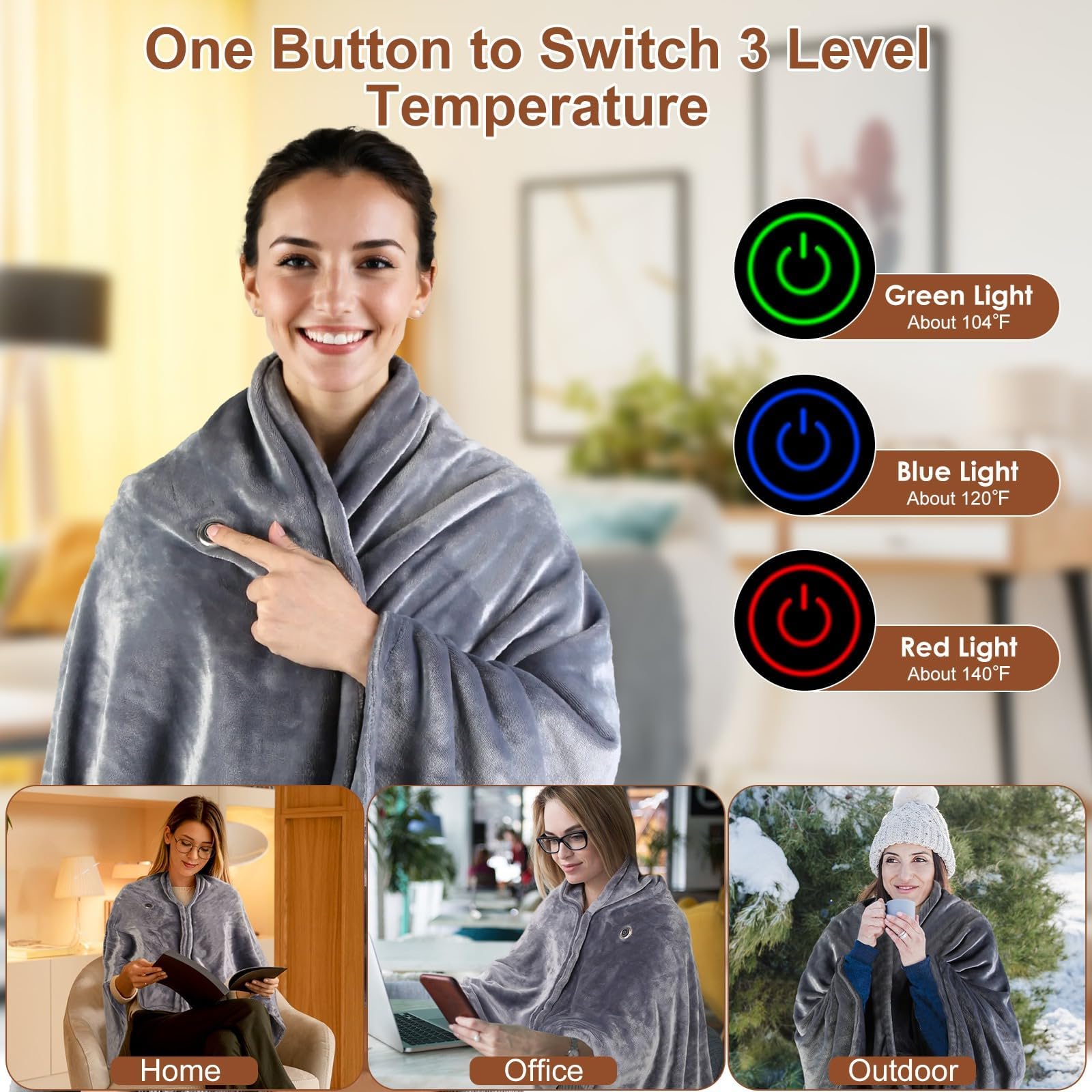 USB Heated Blanket, Portable Heated Blanket with 20000mAH Battery, Cordless Heated Blanket W/8 Heating Zones, 3 Heating Levels, Soft & Skin-Friendly Fabric, Rechargeable Wearable Heated Blanket Shawl