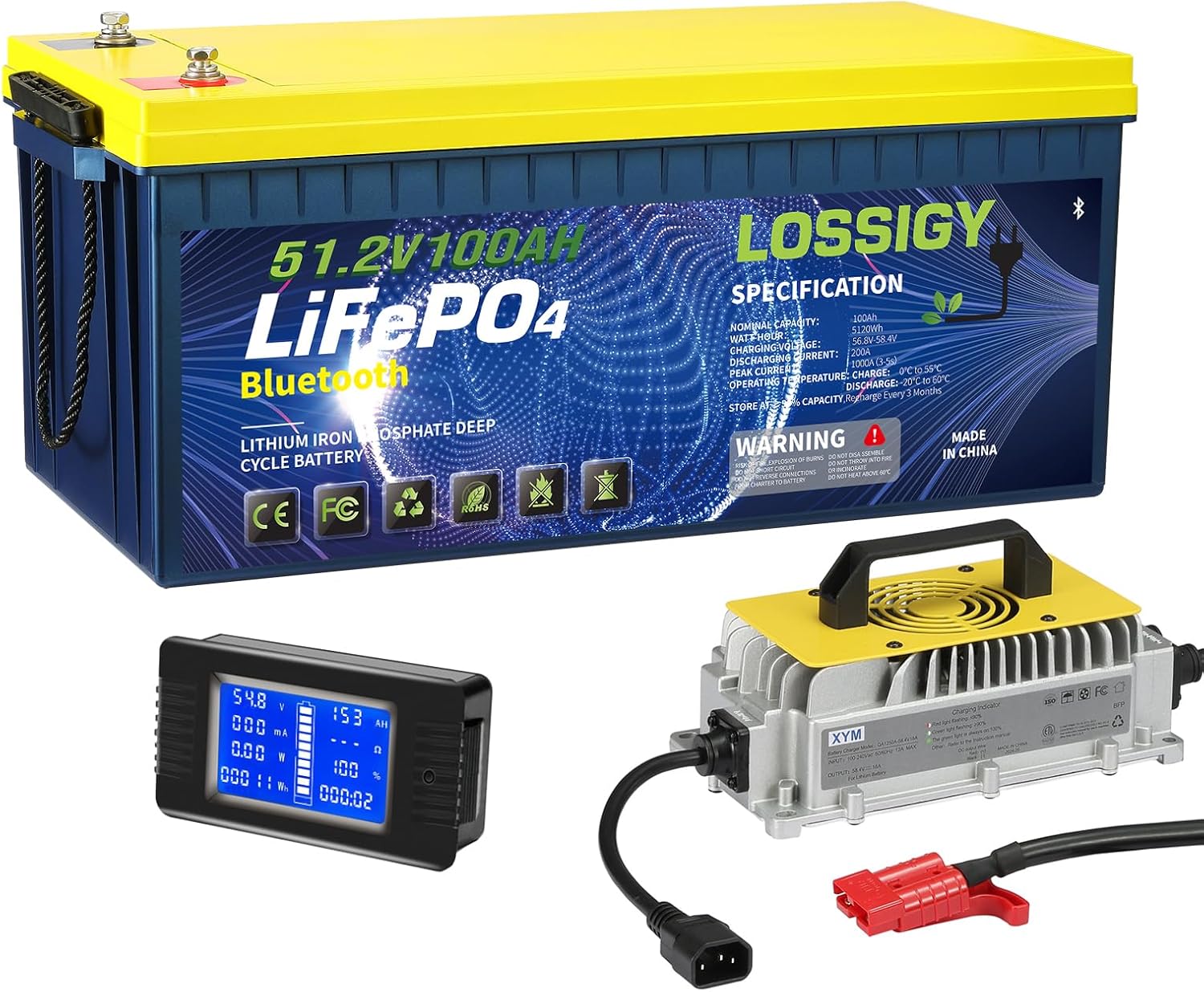 LOSSIGY 48V 100Ah Lithium Golf Cart Battery, Bluetooth LiFePO4 Battery with 58.4V18A Smart Battery Charger & LCD monitor,Perfect for Golf Carts，200A BMS, Peak Current 1000A(3-5S)