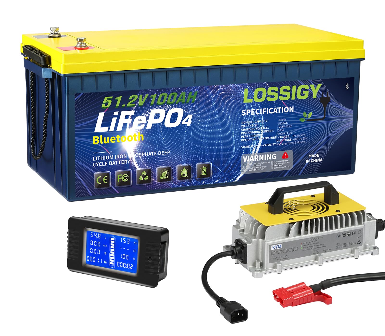 LOSSIGY 48V 100Ah Lithium Battery for Golf Cart, Bluetooth LiFePO4 Battery with 58.4V18A Smart Battery Charger,Perfect for Golf Carts,Trolling Motors, Marine?200A BMS, Peak Current 1000A