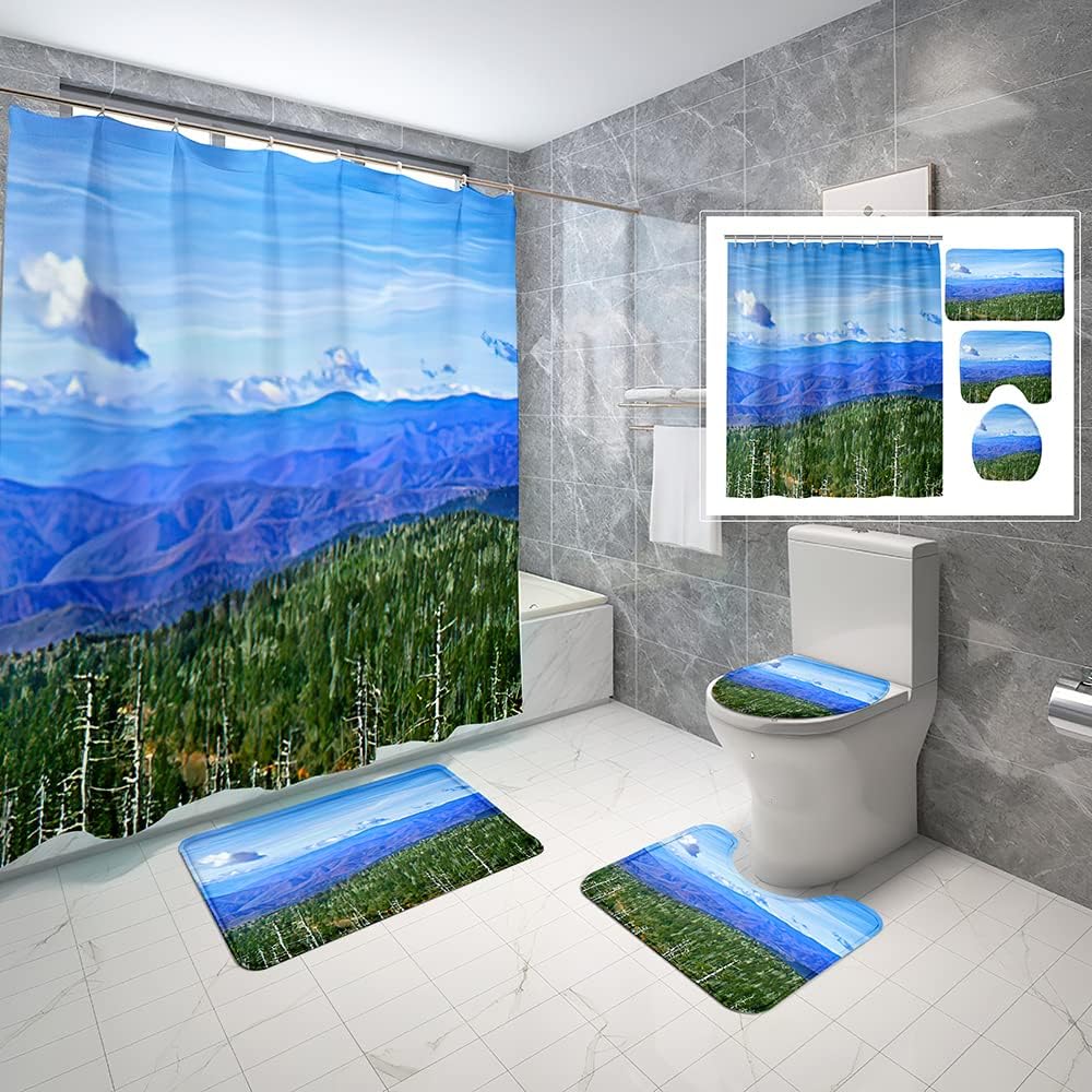 4 Piece Smoky Mountains Shower Curtain Waterproof Great Smoky Mountains Bathroom Sets with Non-Slip Rugs, Toilet Lid Cover and Bath Mat with Standard Size