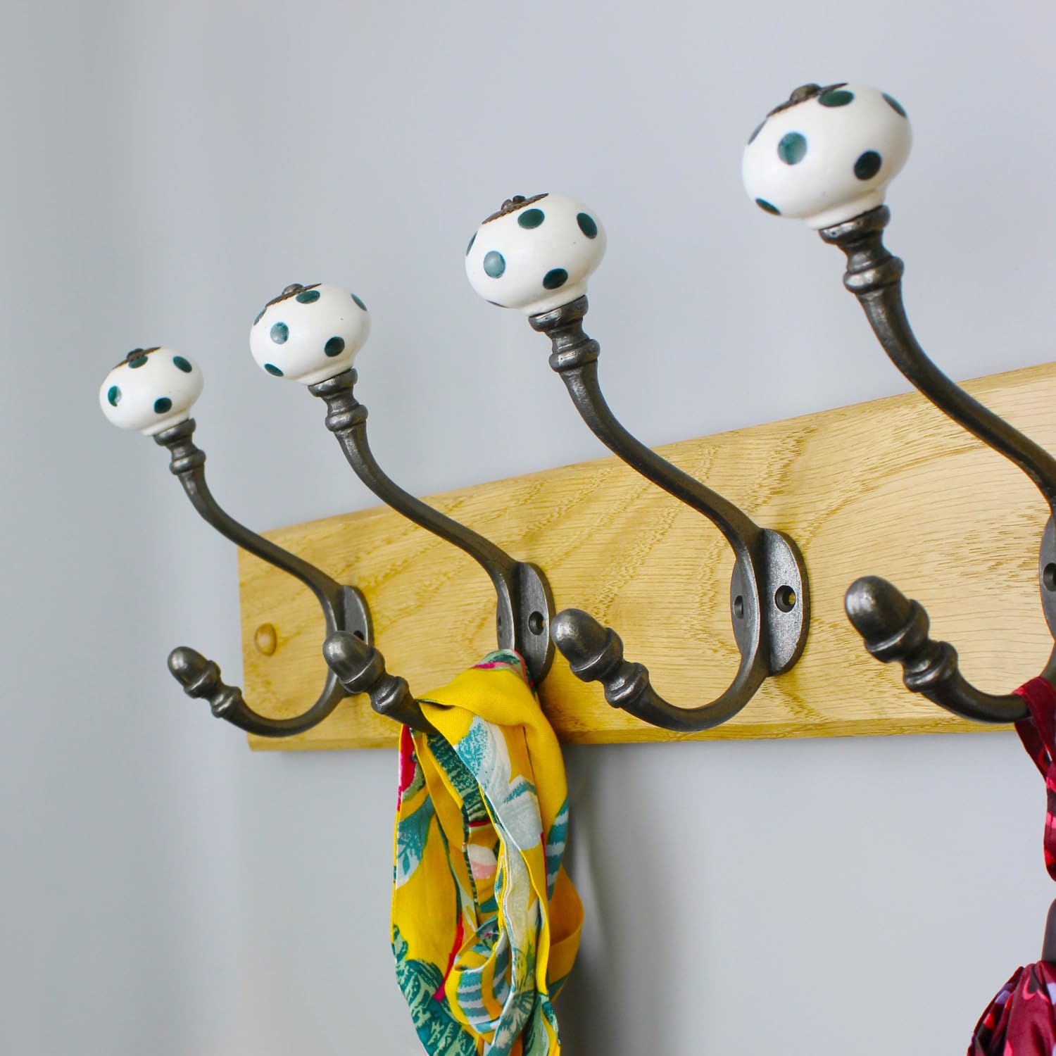 Oakcrafts Hand Finished Dark Green Polka Dot Ceramic Coat Hooks - Antique Cast Iron - Pack of 4